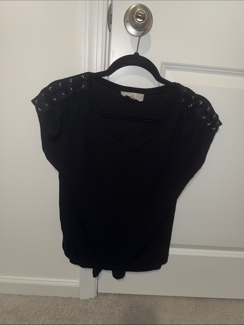 Pink Republic Black Short Sleeve V-Neck Top with Grommet Shoulder Detail